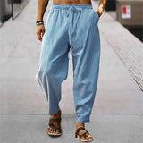 Wiaofellas  -  Men's Summer Casual Sports Pants Loose Fit Cotton Linen Breathable Straight Leg Trousers Youthful Energy Style Khaki Color