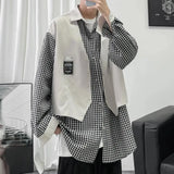 WIAOFELLAS  -  Fake Two-piece Plaid Spliced   long-sleeved Shirt Loose Design Men's Casual Hong Kong Style Jacket Spring and Autumn New Style