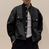 WIAOFELLAS  -  Men Shirt Solid Color Stand Collar Long Sleeve Button Men Clothing Streetwear Fashion Loose Casual Tops Male Shirts