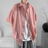 WIAOFELLAS  -  Simple Men's Shirts Turn-down Collar Ice Silk Solid Color Short Sleeved Loose Menswear Single Breasted Male Tops