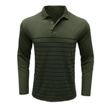 Wiaofellas  -  Men Striped Print Lapel Collar Long Sleeve Polo Shirt Autumn Winter Casual Daily Top