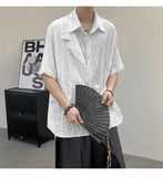 WIAOFELLAS  -  Short Sleeved Men's Shirts Casual Solid Color Hollow Out Jacquard Lace-up Loose Single Breasted Male Tops Trendy