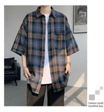 WIAOFELLAS  -  Trendy Vintage Men's Plaid Short Sleeved Casual Trousers Fashion Summer Single-breasted Turn-down Collar Shirts Male