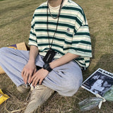 WIAOFELLAS  -  Japanese Striped Spliced Short-sleeved Shirt Summer Cityboy O-Neck T-shirt Oversize Pure Cotton Green Shirt Preppy Streetwear