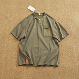 WIAOFELLAS  -  Vintage button-down short sleeve T-shirt Men's patchwork loose heavy double cotton pocket T-shirt