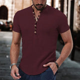 Wiaofellas  -  Men's Short Sleeve Linen Shirt Summer Lightweight Casual V-Neck T-Shirt Men Basic Solid Color Loose Fit Top
