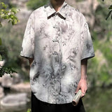 WIAOFELLAS  -  Bamboo Printing Men's Shirts Chinese Style Turn-down Collar Knot Button Short Sleeved Casual Male Tops Summer Tide