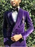 Wiaofellas  -  Velvet Men's Suit 2 Pieces Blazer Pants Double Breasted Sheer Lapel Business Purple Formal Wedding Groom Tailored Costume Homme