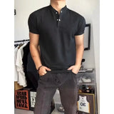 Wiaofellas  -  Black Short Sleeve Polo Shirt Henry Collar Fitness Sportswear Breathable Polyester Summer T-Shirt for Men Casual Wear