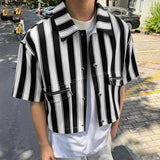 Wiaofellas  -  Men's Shirt Striped Lapel Short Sleeve Button Casual Menswear Clothing Streetwear Loose Fashion Crop Tops For Man
