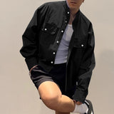 WIAOFELLAS  -  Men Shirt Solid Color Stand Collar Long Sleeve Button Men Clothing Streetwear Fashion Loose Casual Tops Male Shirts