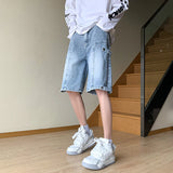 Wiaofellas  -  Summer High Street Vibe Jeans Fashion Retro Street Stitching Zipper Denim Shorts Street Hip-hop Men Straight Wear White Pants