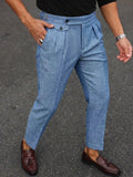 Wiaofellas  -  SS Men's Italian Neapolitan Suit Trousers,Woven Double Pleat Pocket Button High Waist Straight Leg Business Casual Pants
