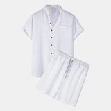 Wiaofellas  -  Fashion Men's Linen Shirt Sets Summer Short Sleeve+Shorts 2-Piece Suit Solid Color Casual Beach Sets Breathable Comfort Suit