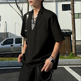 Wiaofellas  -  Men Shirt Lapel Short Sleeve Patchwork Lace Up Casual Men Clothing Streetwear Korean Style Summer Fashion Male Tops