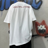 Wiaofellas  -  Men Boy Graffiti Butterfly Letters Print Shirt Loose Long Blouse Short Sleeve Summer Ins Korea Hip Hop Tops Lovers Streetwear