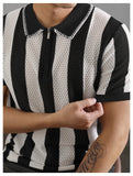 WIAOFELLAS  -  New Chic Striped Polo Shirt Light Luxury Hollow Out Knitted T-shirts Korean Style Zipper Short Sleeve Tops Breathable Knitwear