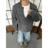 WIAOFELLAS  -  Korean version solid color v-neck sweater men's winter gray high-end loose casual lazy versatile knitted top