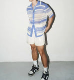 WIAOFELLAS  -  Summer New Fashion Casual Breathable Hollow Out Knitted Polo Shirts Men Striped Crochet Knitting Tops Vintage Mens Clothes