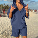 WIAOFELLAS  -  Summer Cotton Linen Suit Men's Solid Short-Sleeve Irregular Hoodie V-Neck T-shirt ShortsTwo Piece Sets Vintage Loose Home Suits