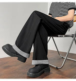 WIAOFELLAS  -  New Simple Men's Suit Pants Drape Striped Design Pleated Contrast Color Straight Wide Leg Male Trousers All-match