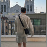 WIAOFELLAS  -  Trendy Men's Pockets Lapel Loose Solid Color Shirts Fashion Summer Drawing Elastic Waist Straight Shorts Male