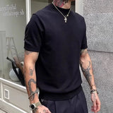 WIAOFELLAS  -  Casual Solid Color Mock Neck T Shirts Men Knitted Short Sleeve Slim Fit Pullover Top Men Spring Summer Stylish Knit T-shirt