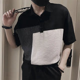 Wiaofellas  -  Fashion Lapel Button Spliced Asymmetrical Striped Polo Shirts Men's Clothing Spring New Loose Korean Tops Casual Tee Shirt