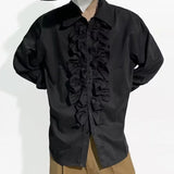 WIAOFELLAS  -  Medieval Palace Style Standing Collar Lotus Leaf Placket Long Sleeve Shirt Neutral Style Design Shirt Men's Performance Costume