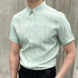 Wiaofellas  -  Summer Men Short Sleeve Striped Shirt British Casual Slim Shirt Retro Shirt Dress Camisa Masculina Social Camisas Para Hombre