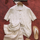 Wiaofellas  -  Old Money Mens Jacquard Shirts Stylish Turn Down Collar Short Sleeve Polo Shirts Summer Slim Breathable Button Men Tops