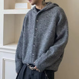 Wiaofellas  -  New Korean Fashion Button Hoodie Cardigan For Man Y2K Retro Brown Knitted Sweaters High Street Casual Cardigans Knitwear