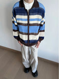 Wiaofellas  -  Contrast Color Striped Dual Zippers Cardigan Japanese Hollow Out Men and Women Jackets Y2k Aesthetic Streetwear Women Tops