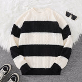 WIAOFELLAS  -  Autumn and Winter Striped Crew Neck Hemp Straw Style Casual Couple Sweater Versatile Trendy Men's Long-Sleeve Sweater Top