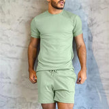 Wiaofellas  -  Spring Summer Men Suit Solid Ribbed Short-sleeve O-Neck T-shirt And Shorts Two Piece Set Fashion Slim Outfits Daily Home Clothes