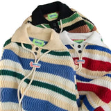 Wiaofellas  -  Casual Loose Knitted Rainbow Stripes Collar Sweater Spring Autumn Couple Style Comfortable Lazy Man's Pullover Fashionable