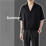 Wiaofellas  -  Ice Silk Short-sleeved Shirts Men's Non-ironing Drape Solid Color Five-quarter Sleeve Shirt Oversized All-match Loose T-shirt