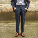 WIAOFELLAS  -  Autumn Winter Vintage Gurkha Pants Men England Style High Waist Casual Straight Leg Rolled Edge Trousers Woolen Naples Suit Pant