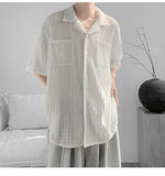WIAOFELLAS  -  Korean Style Men's Shirts Lapel Hollow Out Knitting Single Breasted Tops Short Sleeved Pocket Loose Male Tops Trend