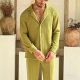 WIAOFELLAS  -  Spring Autumn Long Sleeve Shirts And Pants Two Pieces Sets Men Beach Fashion Solid Suits Vintage Knitted breathable Outfits Mens