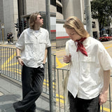 Wiaofellas  -  American Cuban Collar Shirt Workwear Pocket Short Sleeved Shirt Men Women's Cityboy Short Solid Color Single Breasted Blouse