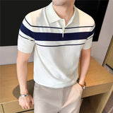 Wiaofellas  -  Ice Silk Cool Striped Knitted Polo Shirt for Men's Summer Collar Short Sleeved T-shirt Versatile Business Casual Social T-shirts