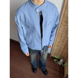 WIAOFELLAS  -  Punk Spliced Jacket High-end Blue Short Work Cargo Coat Men's Handsome Trendy Solid Color Zipper Jacket All-match Top