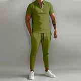 Wiaofellas  -  Fashion Striped Print Mens Tracksuits Spring Summer Short Sleeve Lapel Zipper Tops And Pants Two Piece Sets Men Sports Clothing