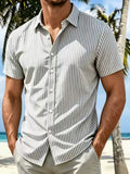 Wiaofellas  -  Stylish Mens Striped Printing Shirts Spring Summer Daily Casual Short Sleeve Button-up Shirt Men Leisure Turn-down Collar Shirts