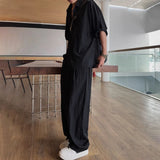 Wiaofellas  -  Mens Casual Light Shirt Wide Leg Pants New Genderless Fashion Vacation Basics Versatile Solid Color Suit Two-Piece Unisex