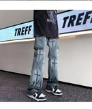 Wiaofellas  -  Men's Denim Flame Cross Jeans Loose Straight Leg Jeans