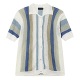 Wiaofellas  -  Leisure Breathable Hollow Out Shirt for Men Summer Beach Casual Short Sleeve Knitted Shirts Mens Fashion Striped Knitting Tops