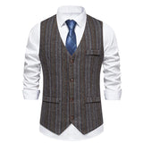 Wiaofellas  -  Men Suit Vest Herringbone Fabric Stripe Waistcoat Business Casual Turndown Collar Men's Formal Party Dress Blazer Vests V13