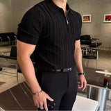 WIAOFELLAS  -  Summer New Men's Solid Color Knitted Jacquard Short Sleeve T-shirt Retro Trend Fashion Casual Simple Slim Men's Tops